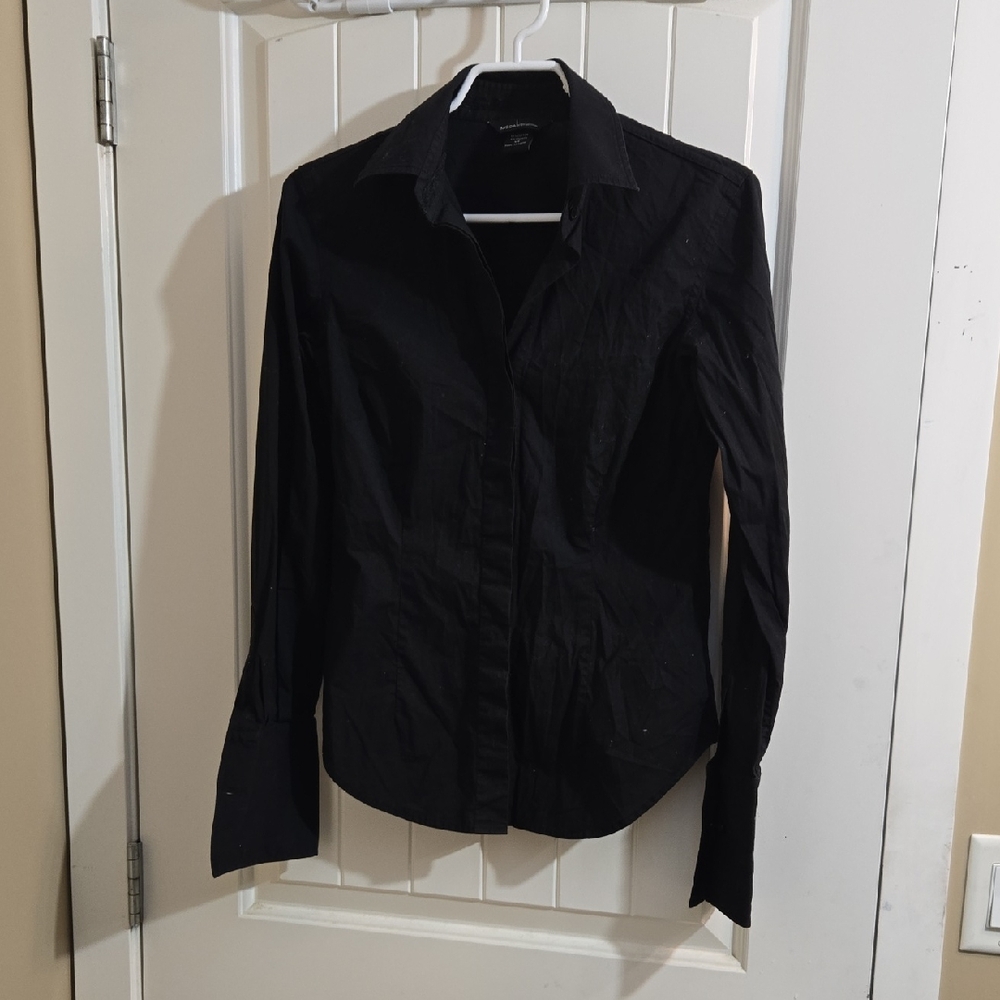 Moda International Cotton Elegant Black Collared Shirt Long Sleeve Buttons XS
